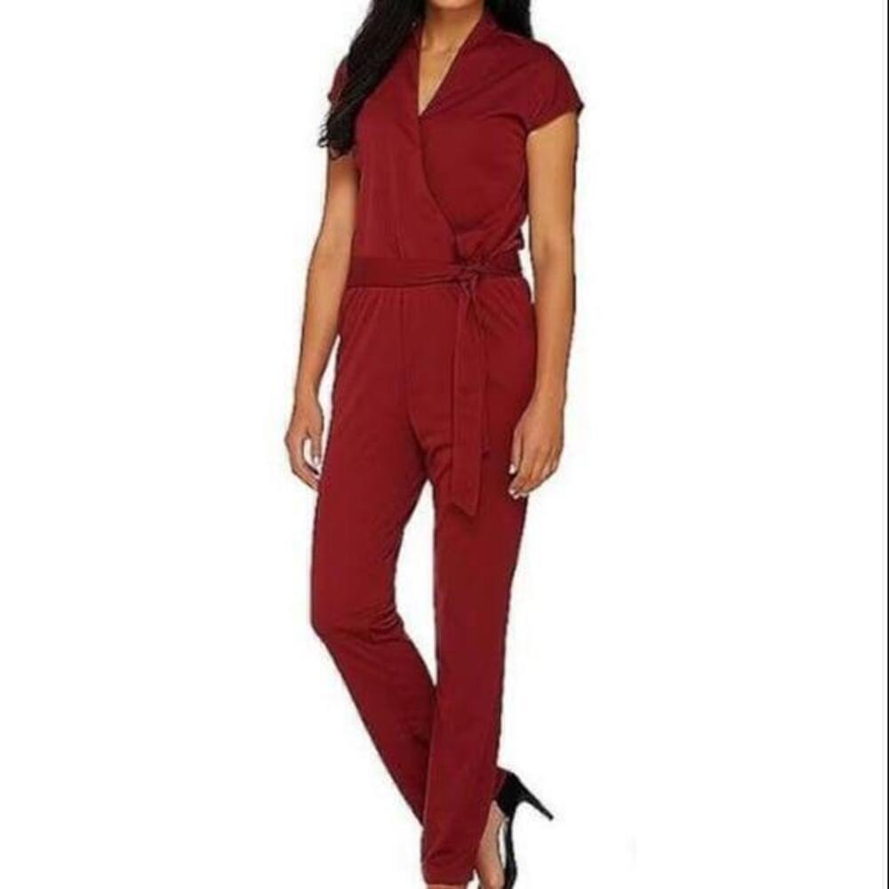 H by Halston Red Wrap Tie Jumpsuit